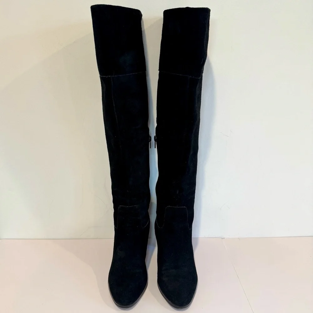 Lord & Taylor 424 Fifth Mikayla Black Suede Knee High Boots W Block Heel, Sz 8.5
